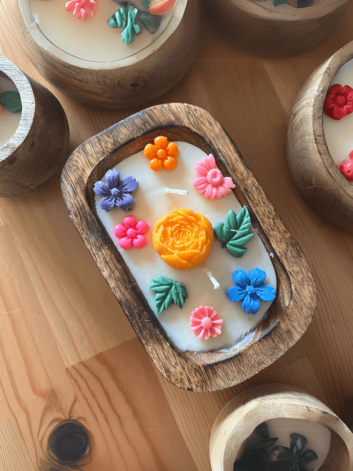 Floral Soy Candles in Wooden Bowl - Jasmine/ Rose/ Oud / Aqua - Pretty flowers - Peony/Rose 