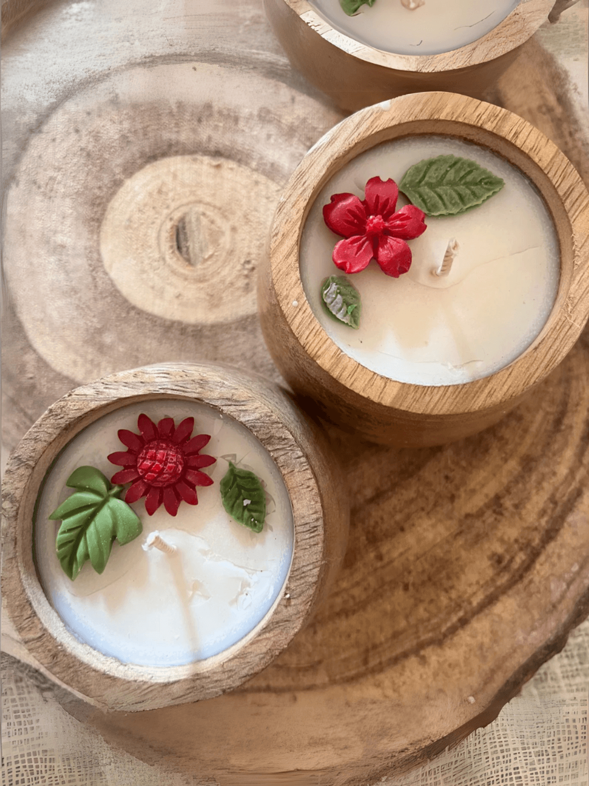 Hand-poured Soy Candles in Natural Wood - Set of 2 Red - Oudh