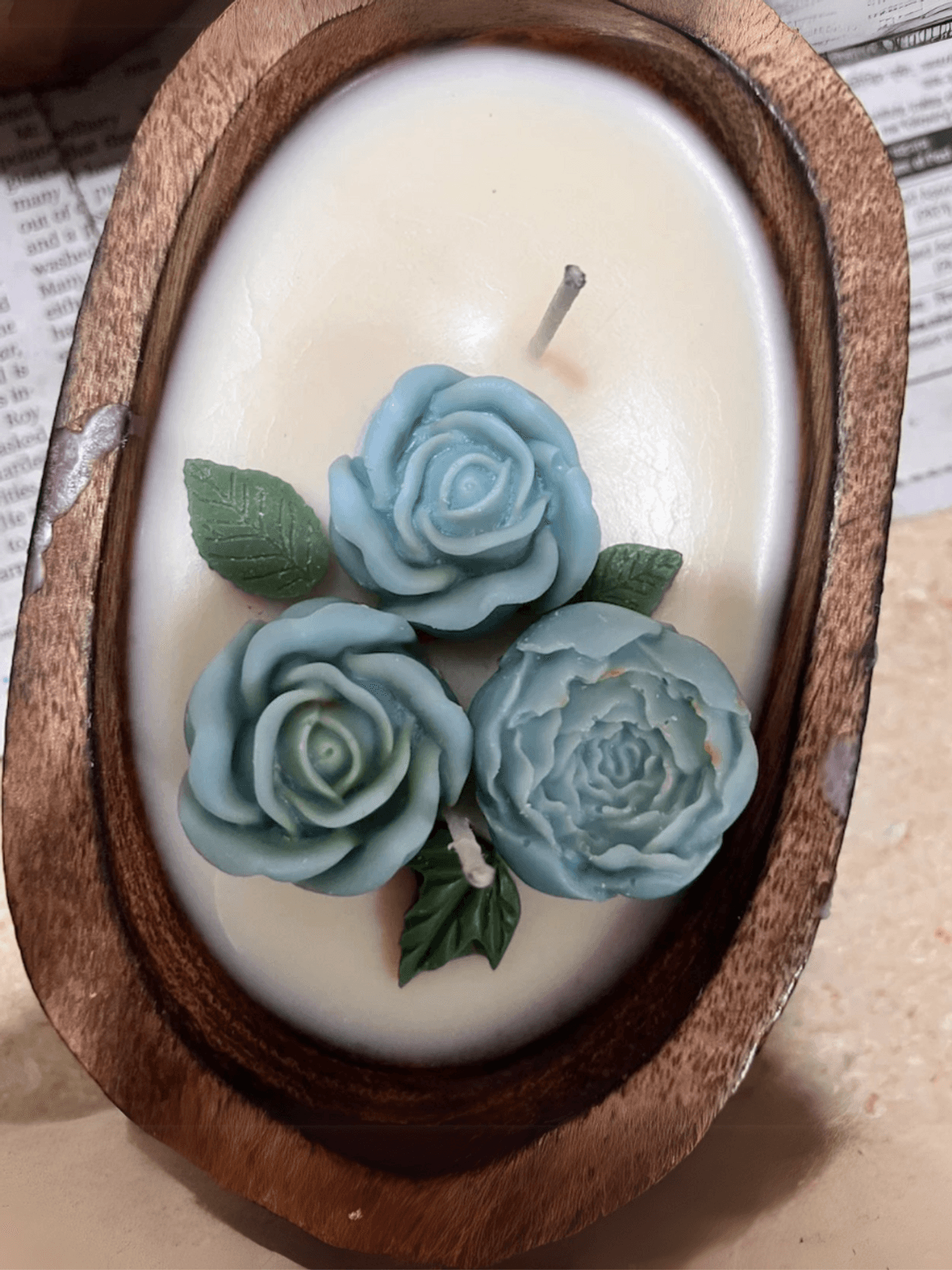 Floral Soy Candles in Wooden Bowl - Jasmine/ Rose/ Oud / Aqua - Blue - Aqua vanilla
