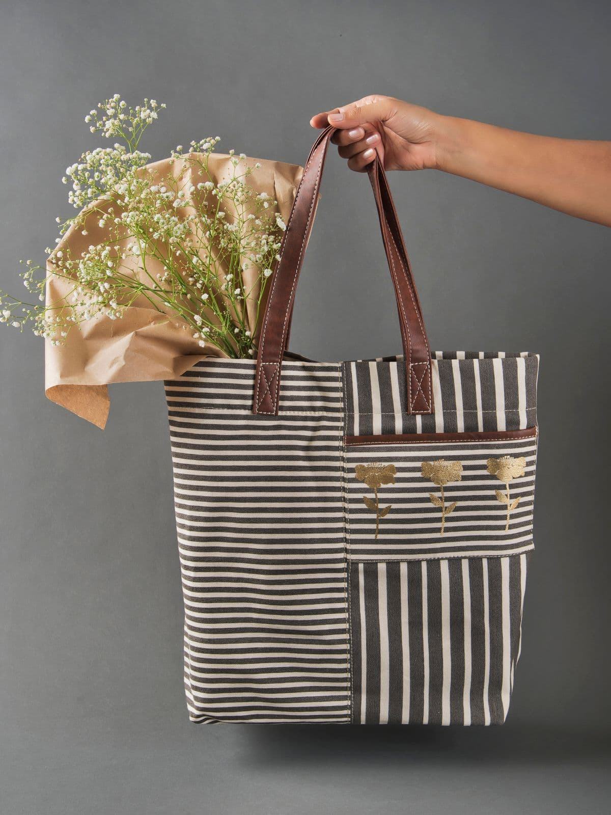 Retro Stripe Women Cotton Canvas Tote Bag 