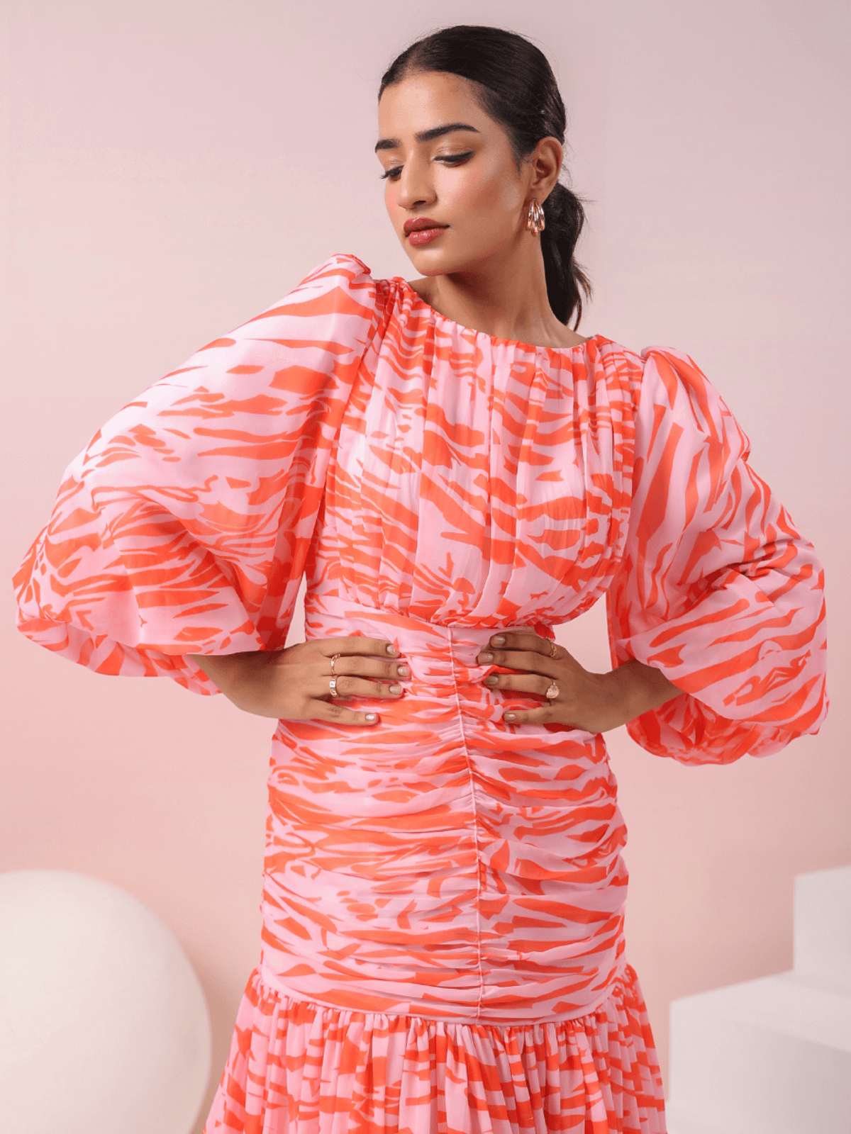 ORANGE PLEATED RUFFLED DRESS