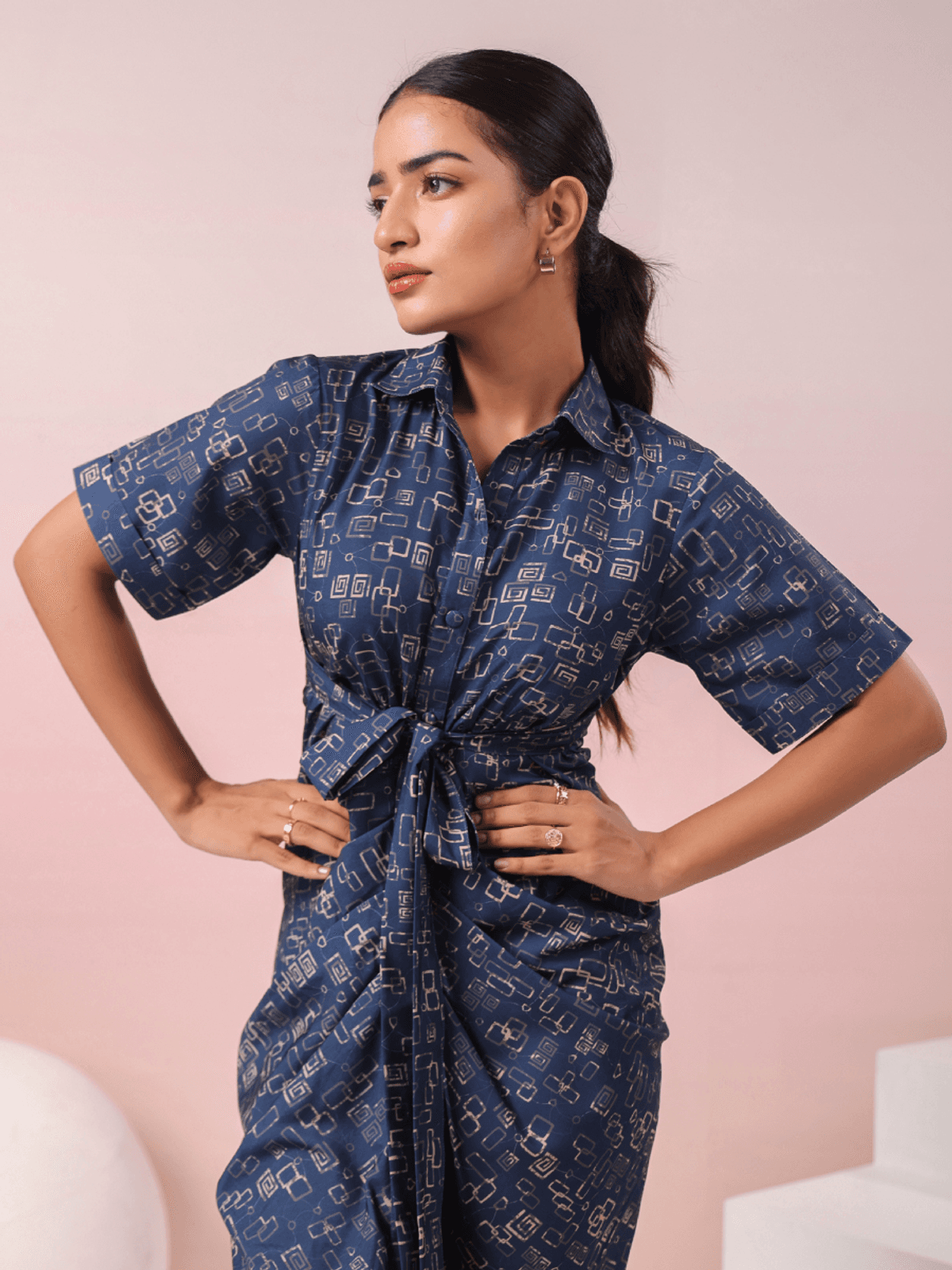 BLUE ABSTRACT PRINTED SHIRT MAXI DRESS