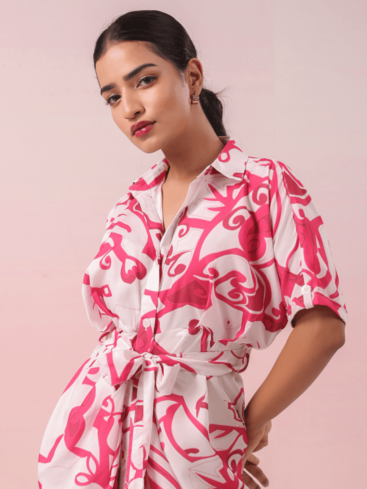 PINK AND WHITE PRINTED SHIRT MAXI DRESS
