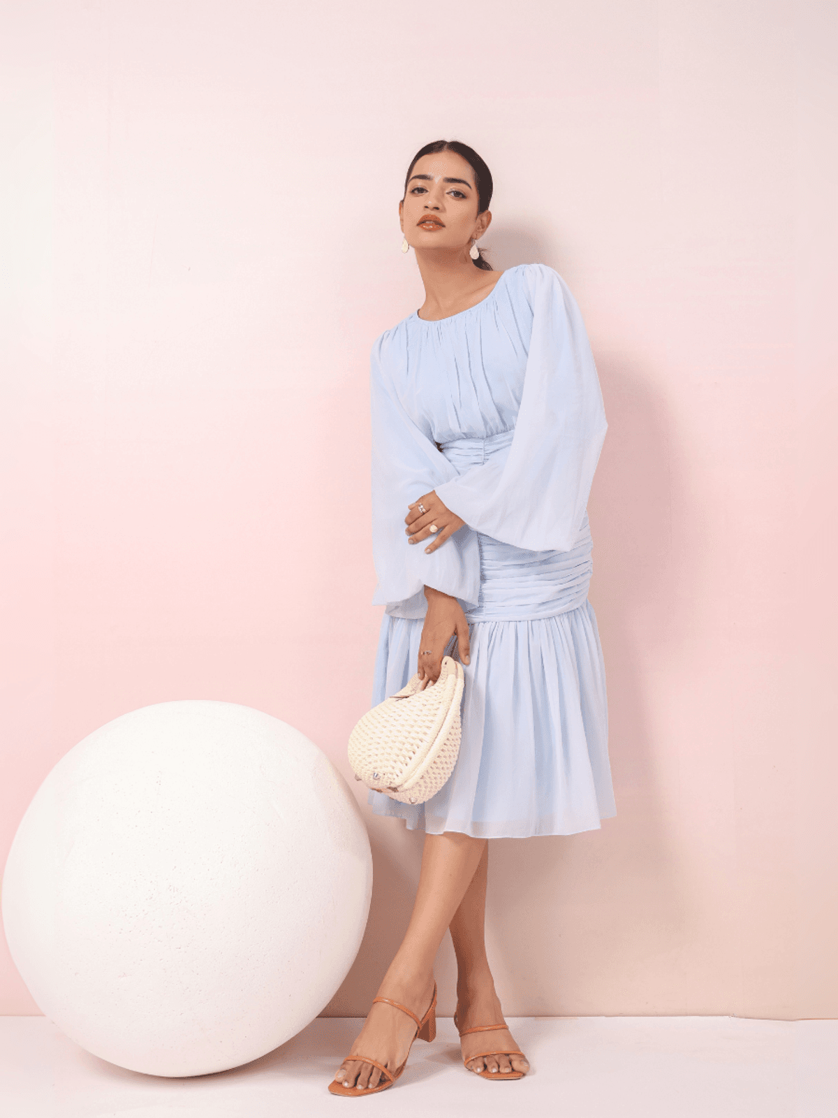 POWDER BLUE PLEATED RUFFLED DRESS