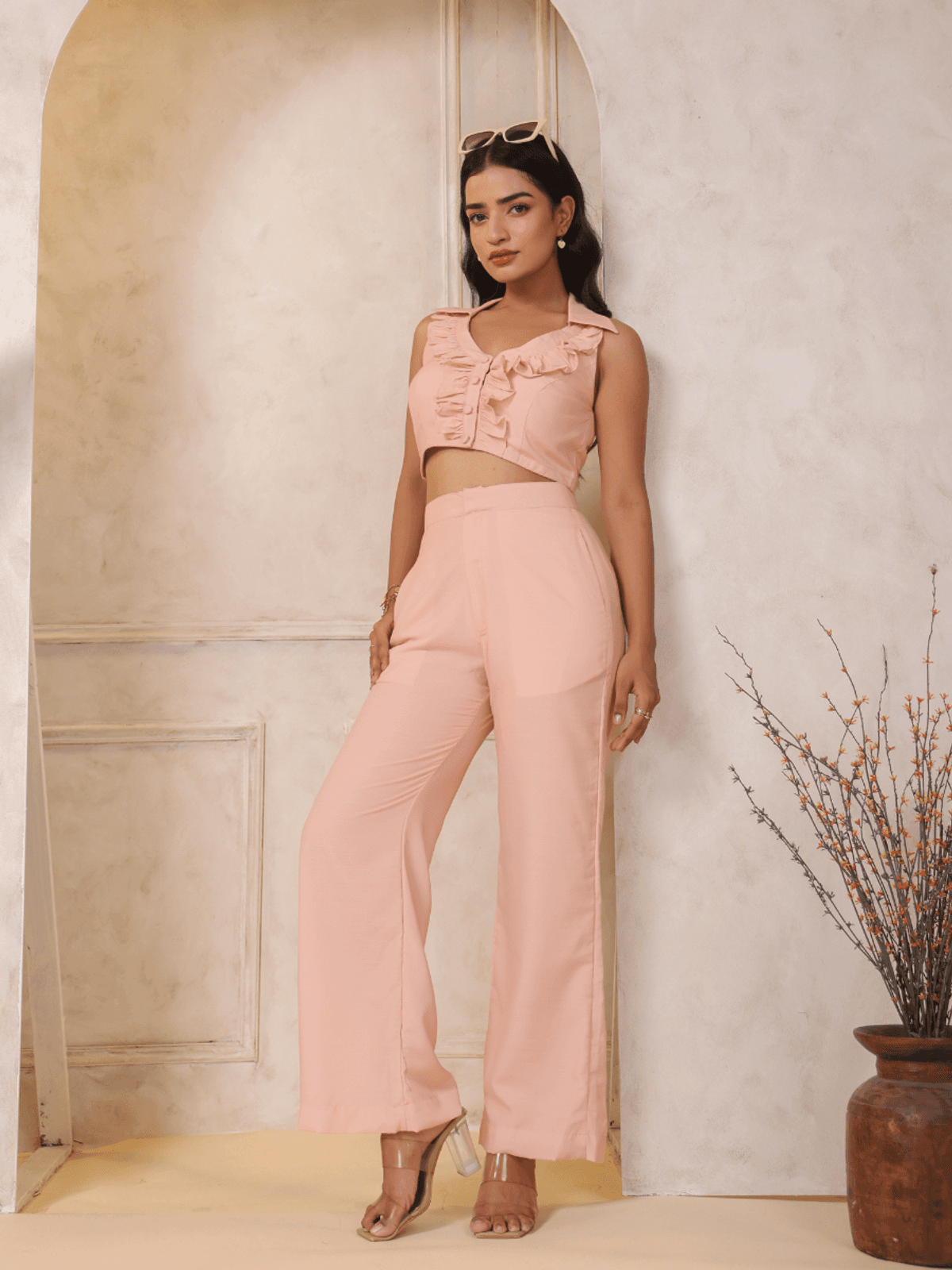 PEACH RUFFLED V-NECK CO-ORD SET