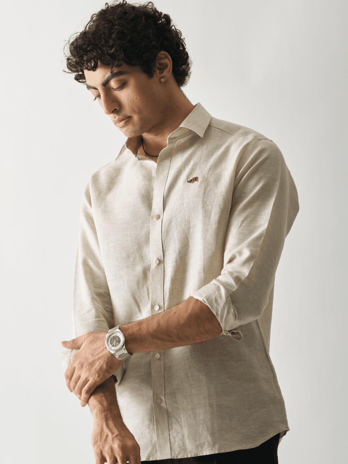 NATURAL - ROZZANA FULL SLEEVE PURE LINEN SHIRT