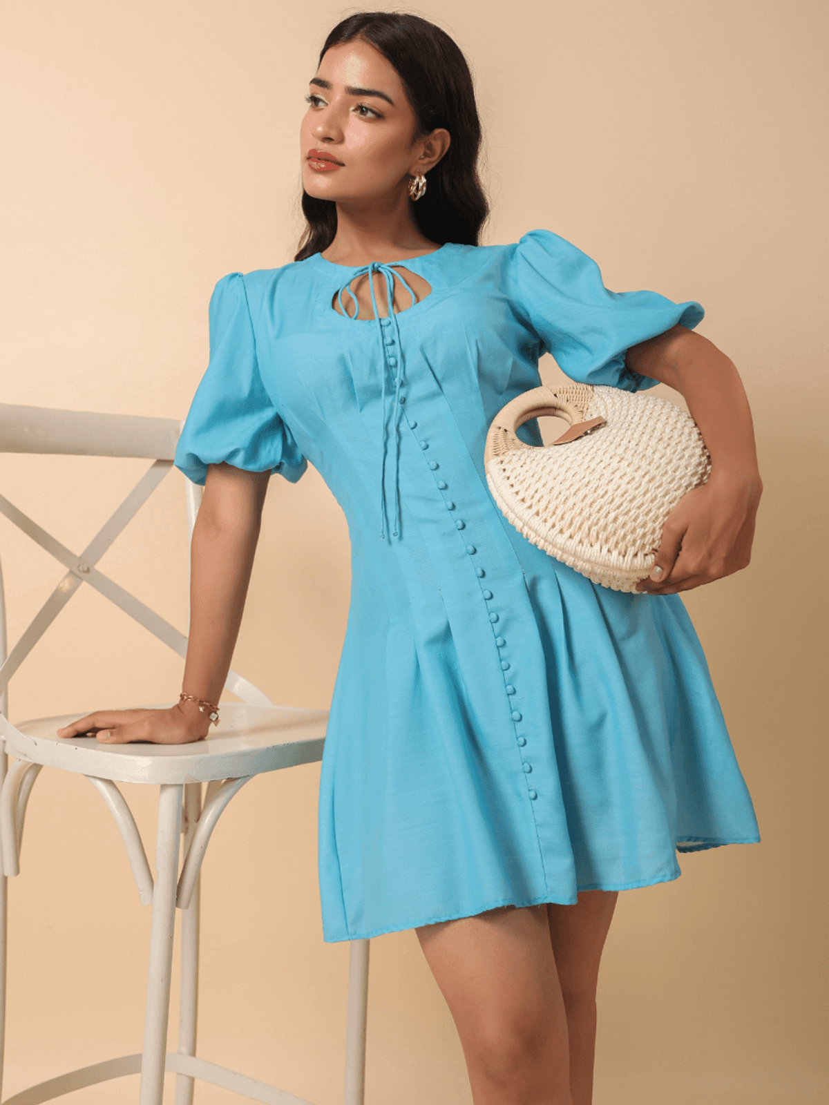 SKY BLUE OVAL NECK SHORT DRESS