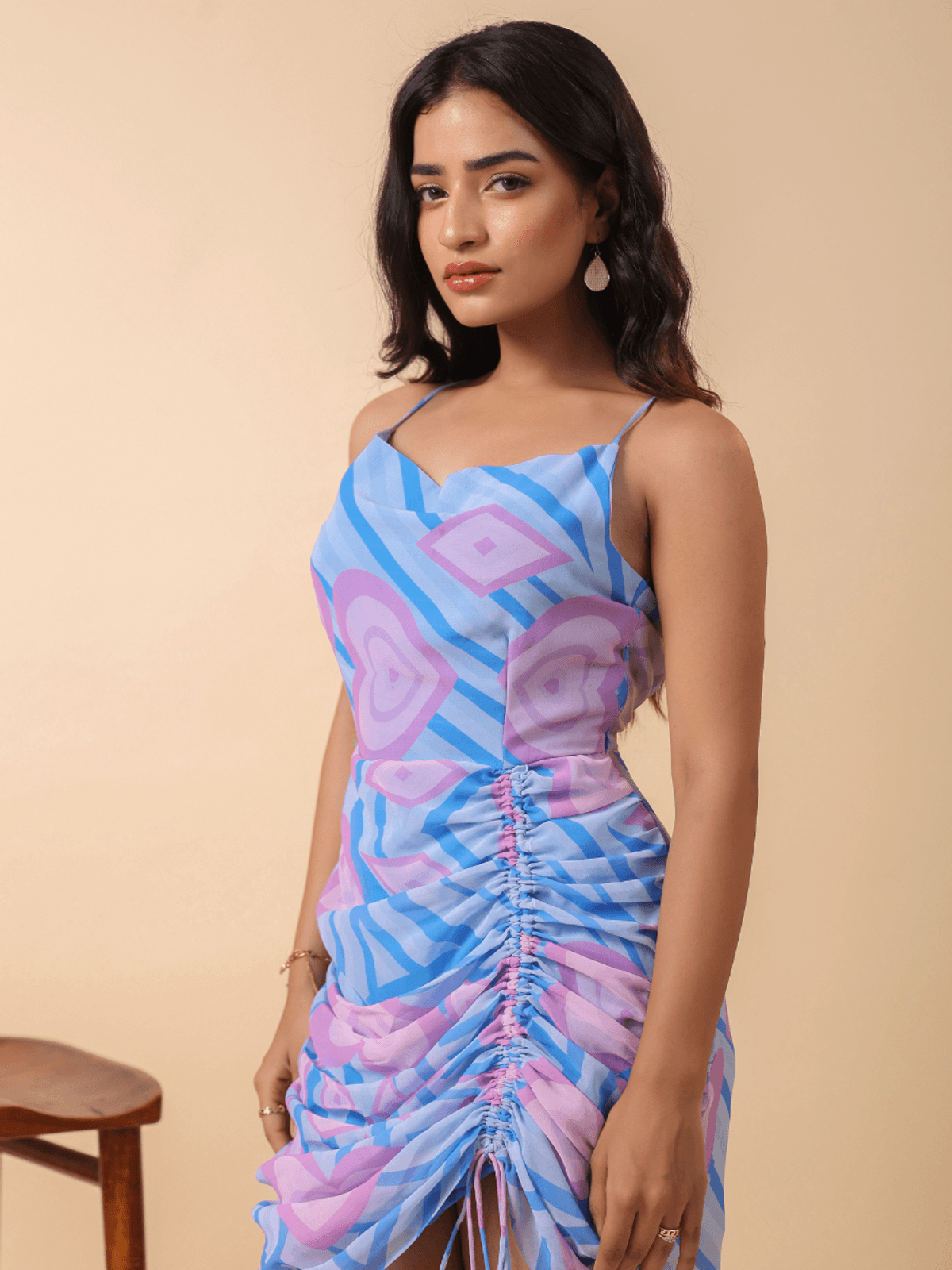 MULTICOLOR PRINTED COWL NECK DRESS