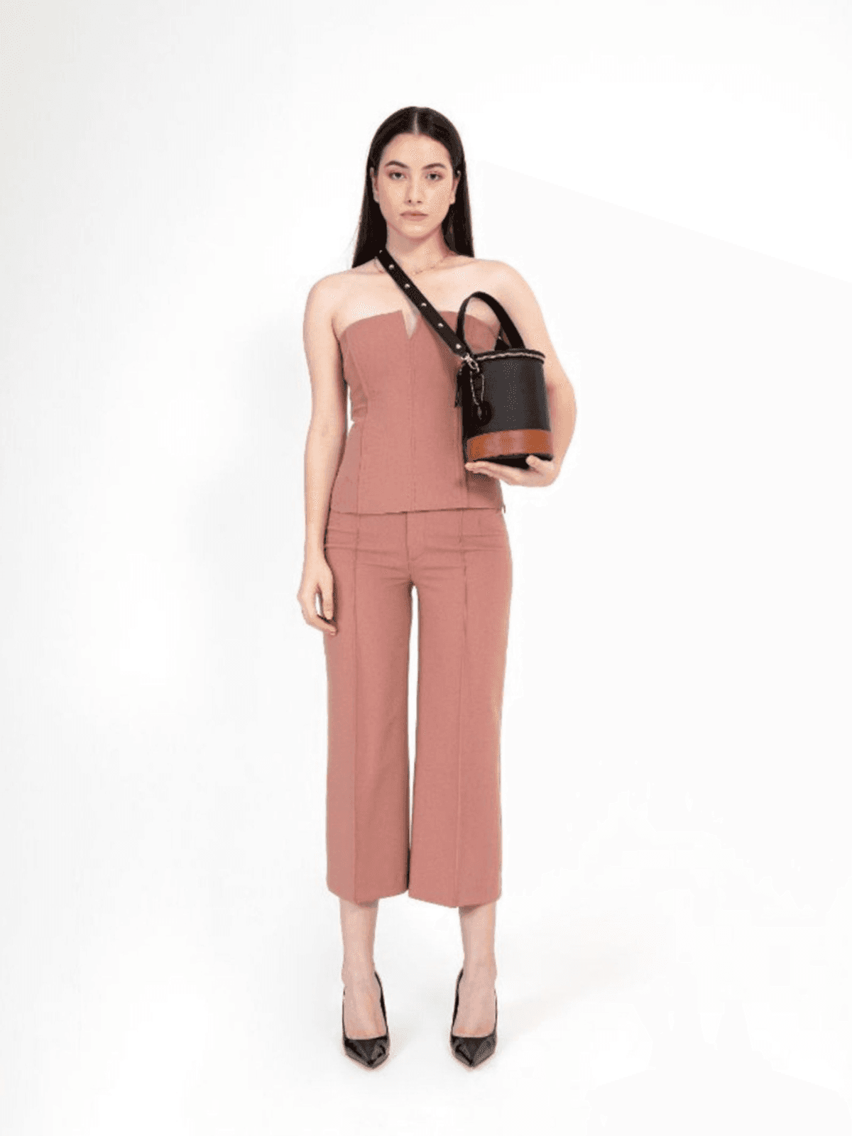 Hemera Vegan Leather Bucket Bag - Black & Gingerbread