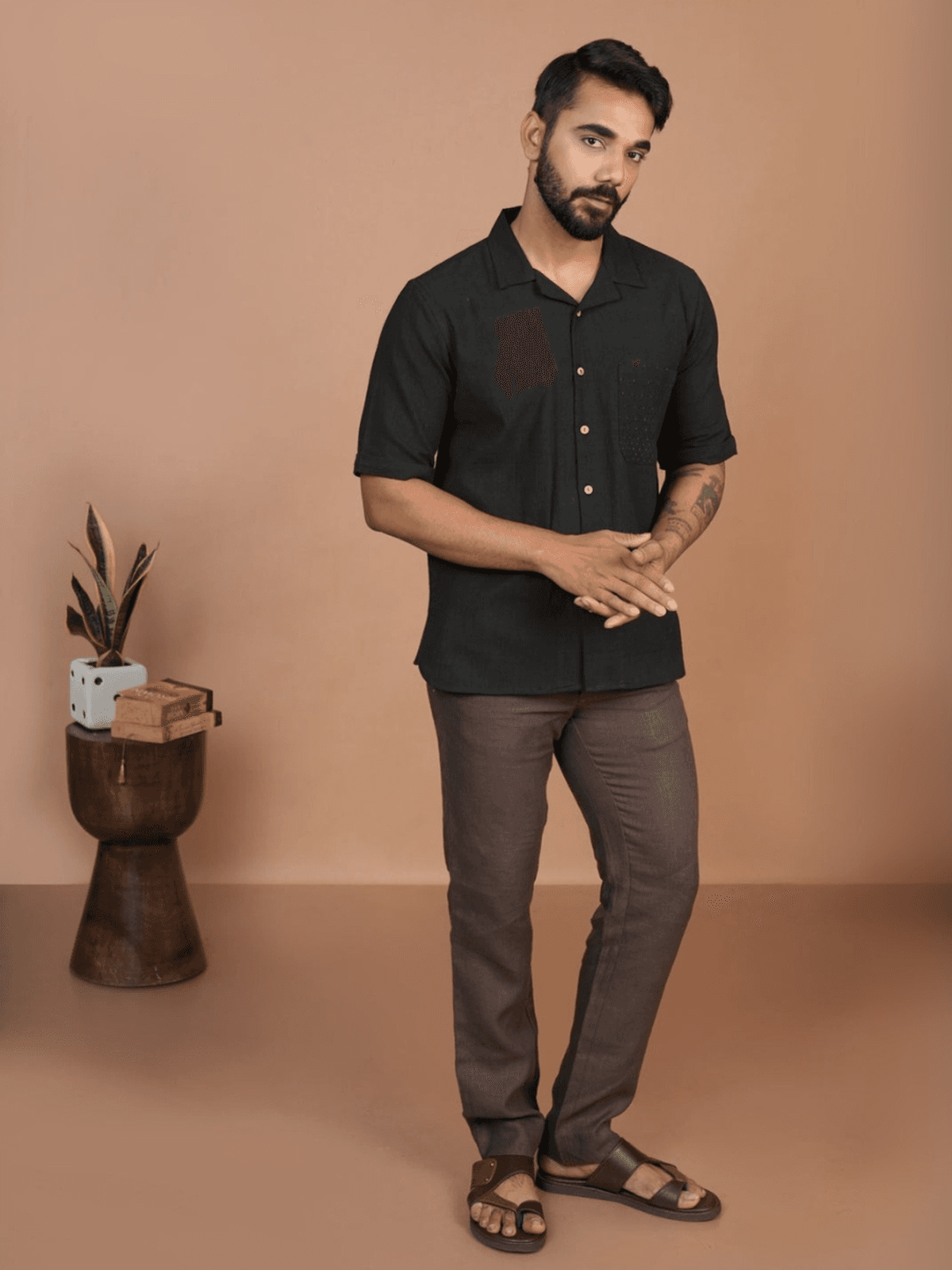 Inkriti Handloom Black Shirt with Red Tangaliya Dots Pocket