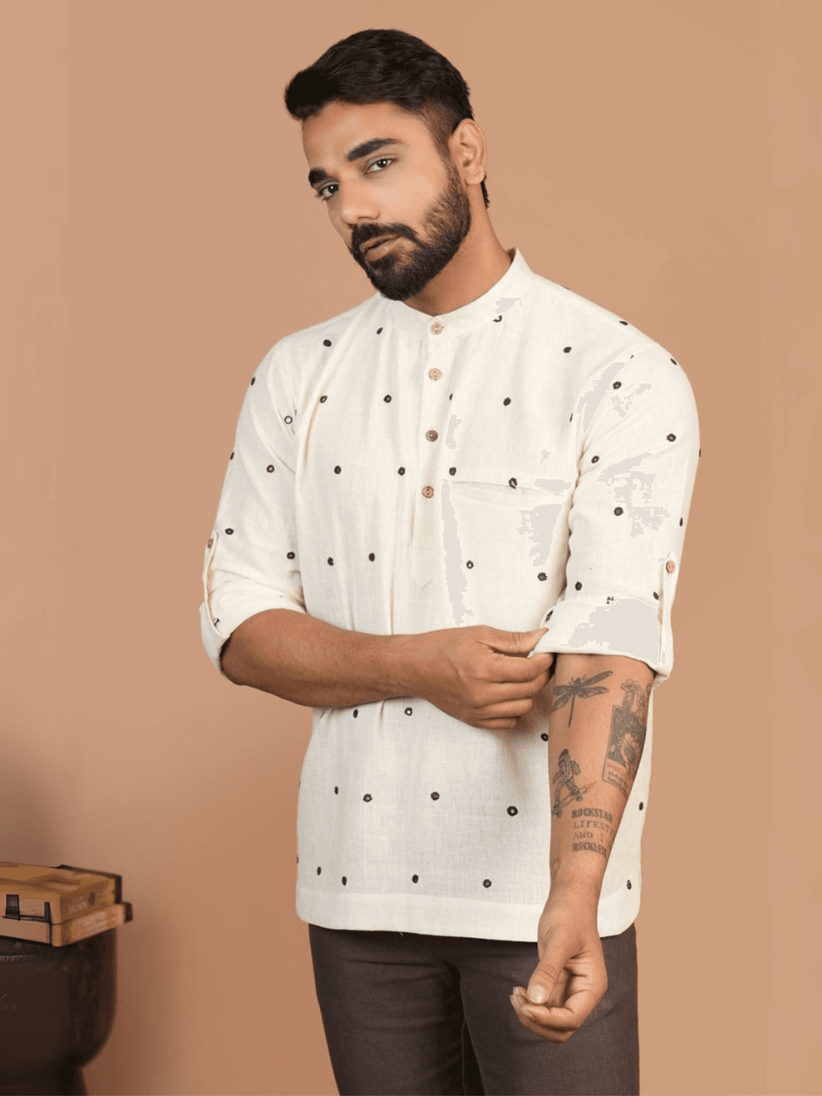 Inkriti Kala Cotton Kutchi Mirror Work Off-white Popover Shirt