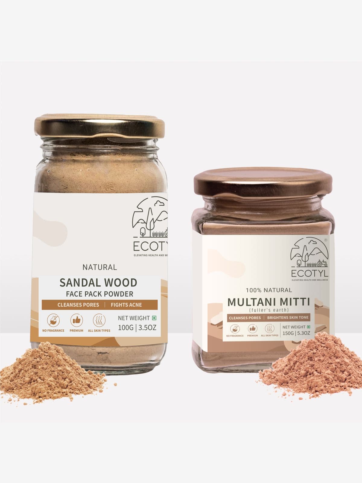 Ecotyl Face Pack Combo - Sandalwood Powder and Multani Mitti | Duo for Skin Brightening and Glow | 100g + 150g 