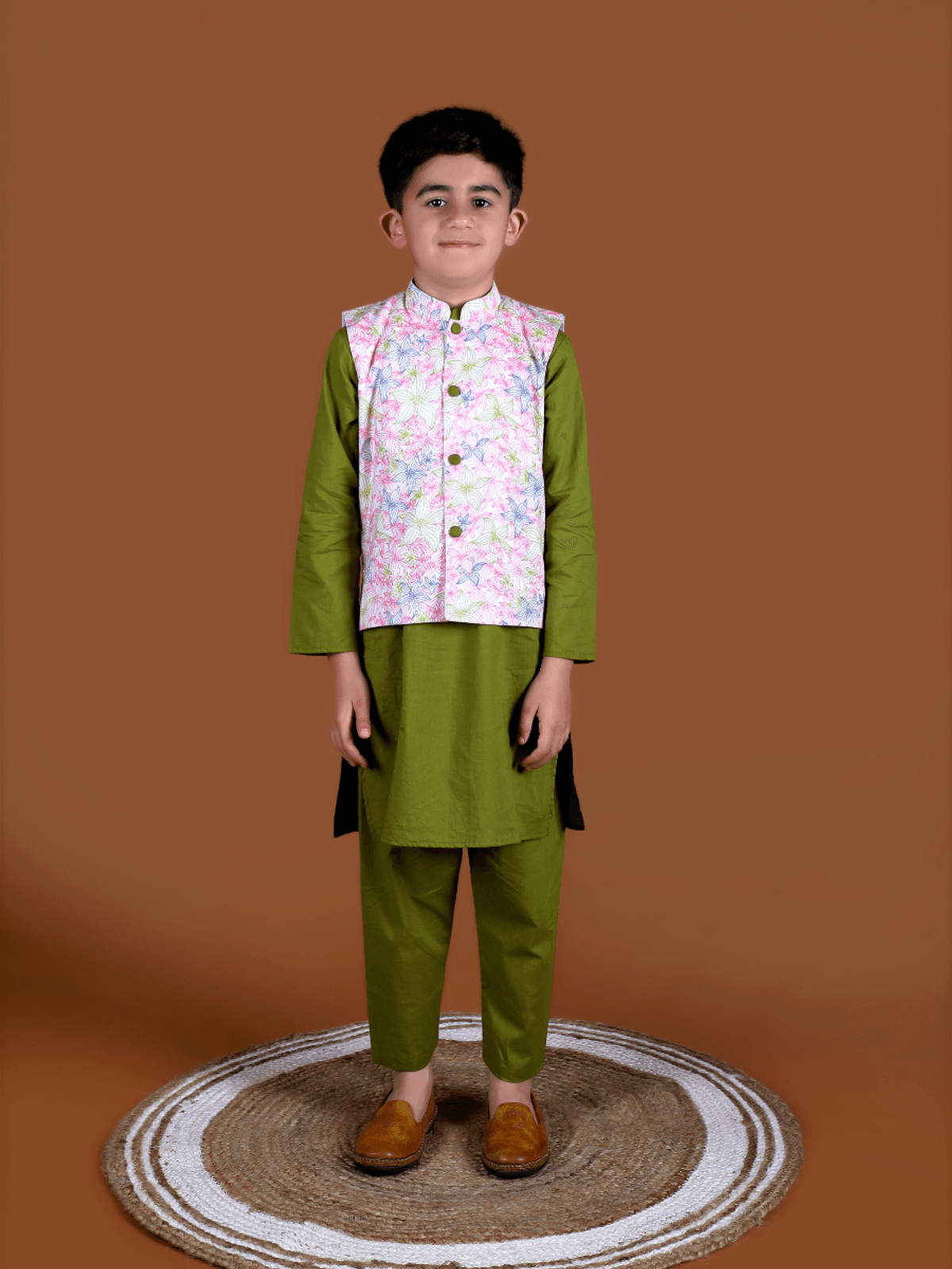 Floral Jacket and Olive Green Kurta Set Floral Jacket and Olive Green Kurta Set